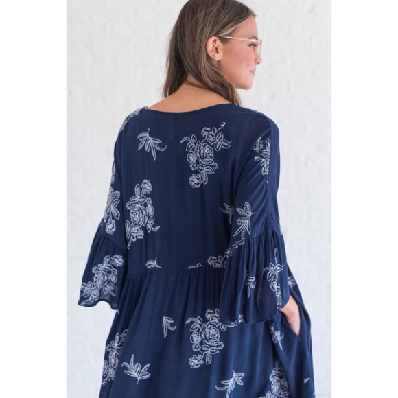 Navy Blue & White Floral Embroidered Dress - Picture 2 of 4
